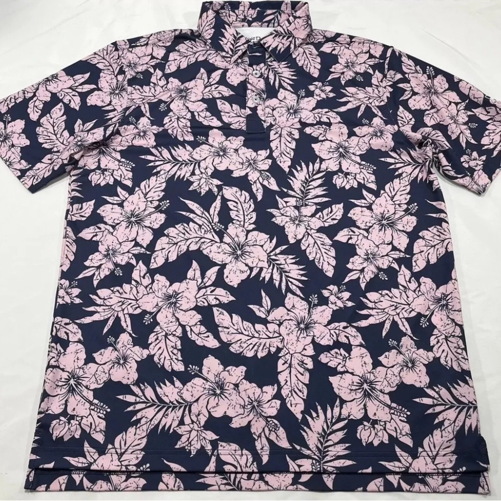 Straight Down Shirt Men Medium Blue Pink Floral Hawaiian Performance Polo Golf